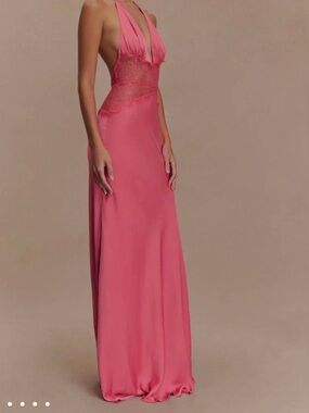 Pink Lace Halter Evening Dress